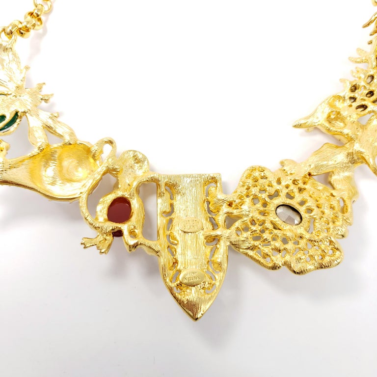 Kenneth Jay Lane Gold Kaleidoscope Collar Necklace, Enamel and Crystal Motifs In New Condition For Sale In Milford, DE