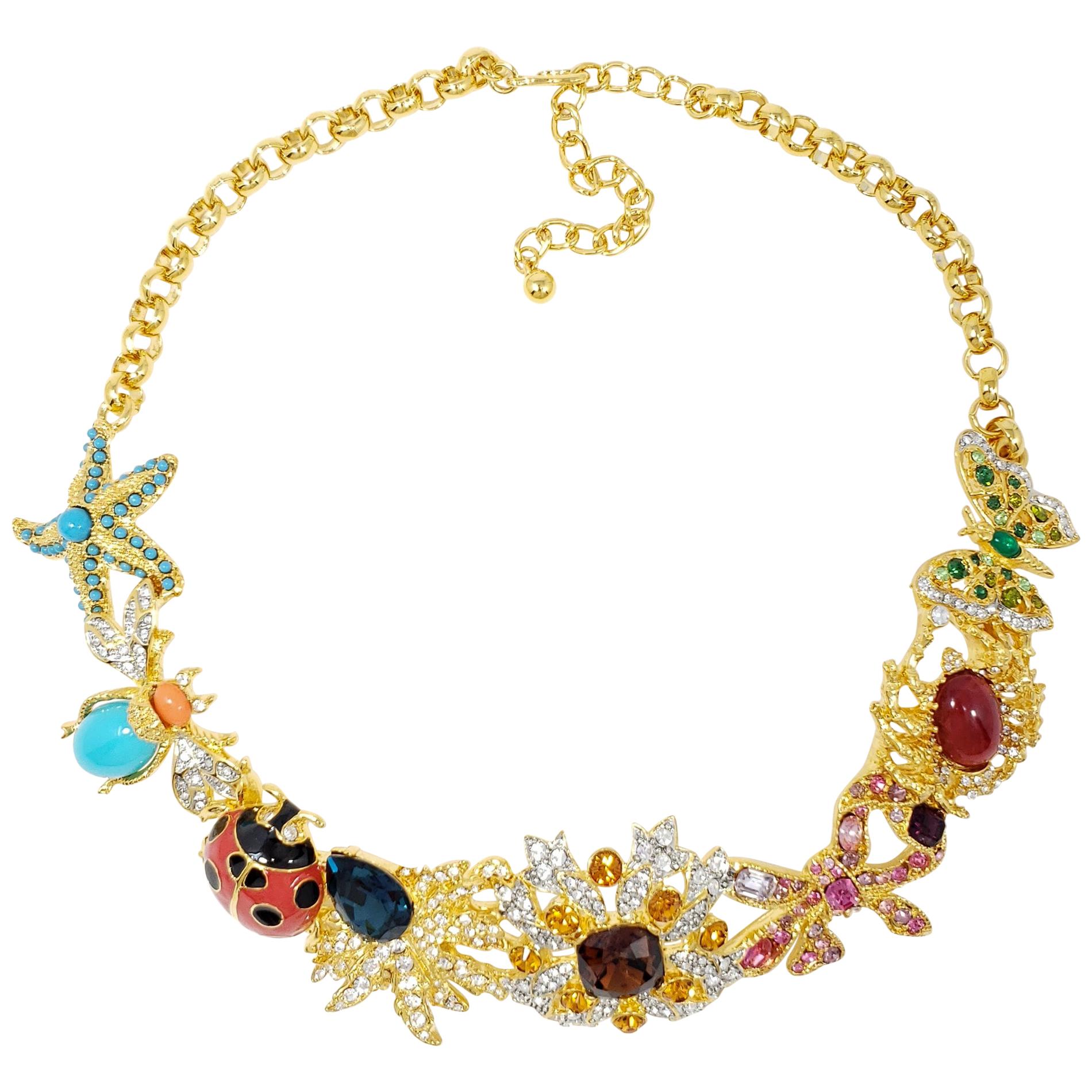 Kenneth Jay Lane Gold Kaleidoscope Collar Necklace, Enamel and Crystal Motifs For Sale