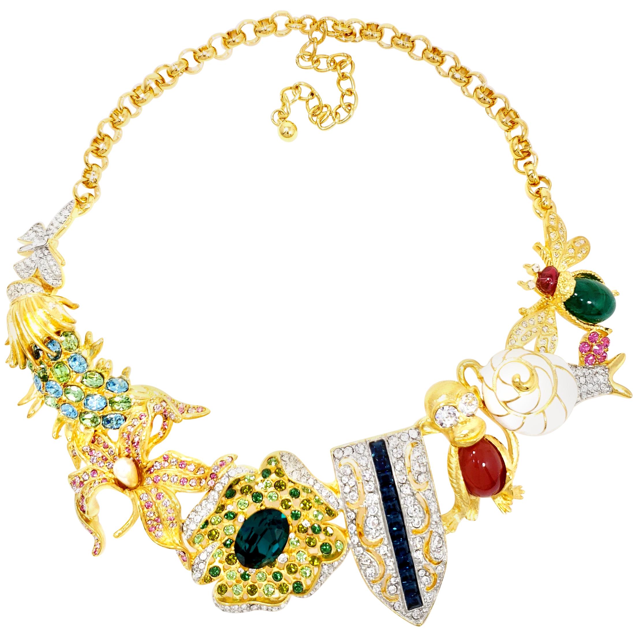 Kenneth Jay Lane Gold Kaleidoscope Collar Necklace, Enamel and Crystal Motifs For Sale