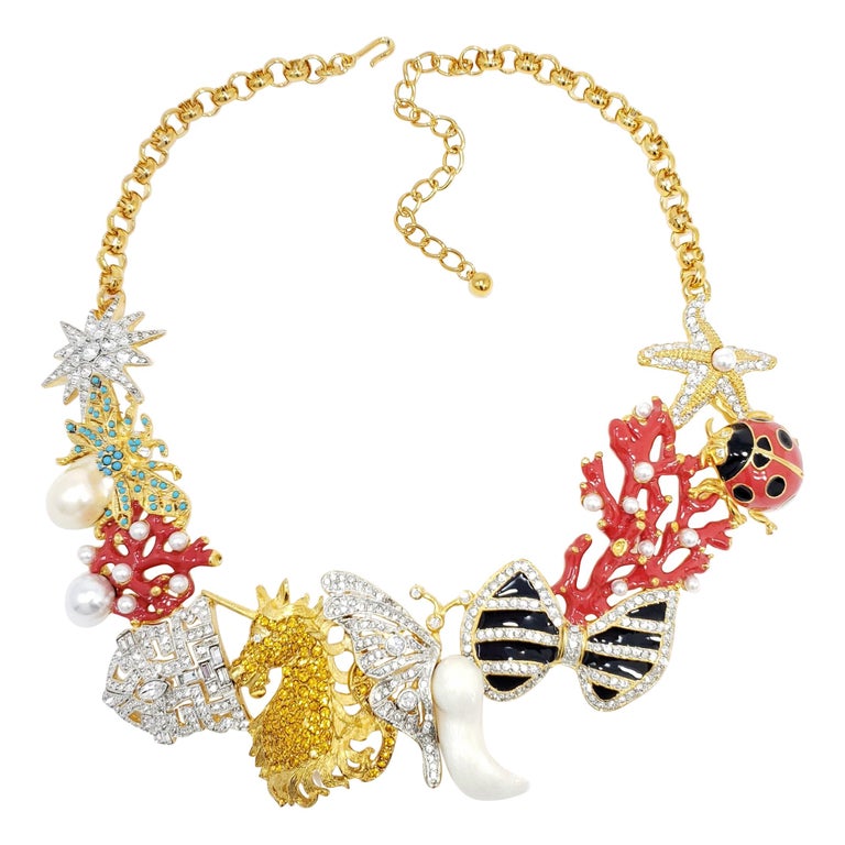 Kenneth Jay Lane Gold Kaleidoscope Collar Necklace, Enamel and Crystal Motifs For Sale