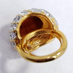 Kenneth Jay Lane Gold Marbled Amber Cabochon and Crystal Cocktail Ring, KJL