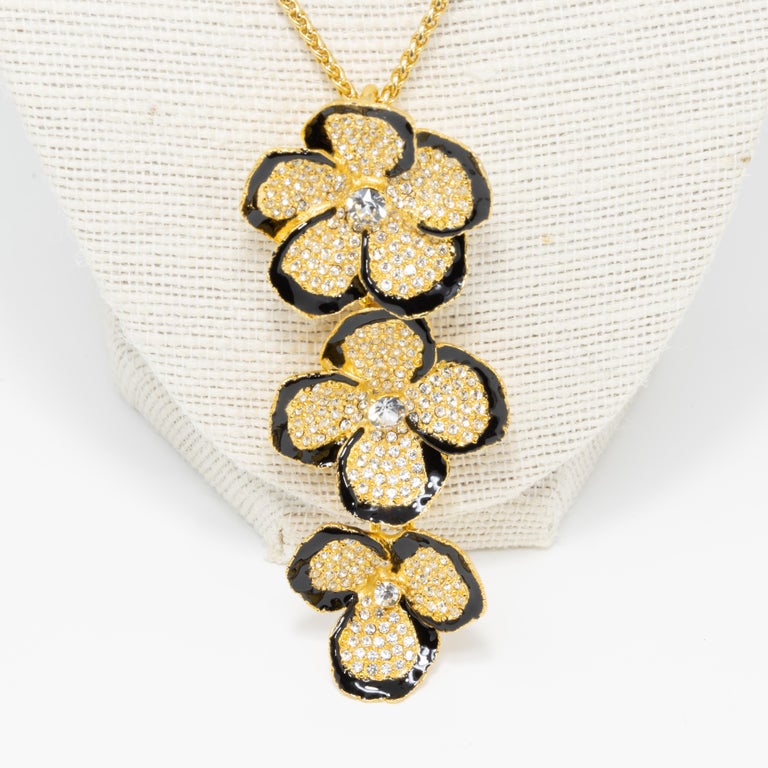 Contemporary Kenneth Jay Lane Gold Multi Flower Pave Crystal Pendant Necklace, Black Enamel For Sale