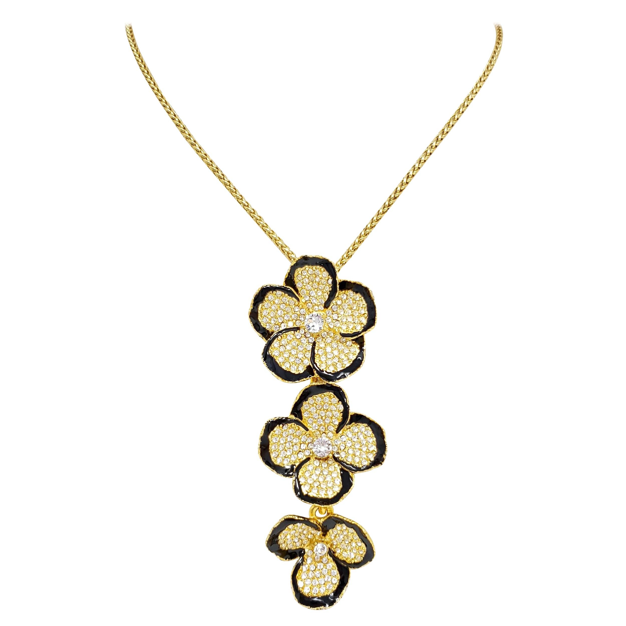 Kenneth Jay Lane Gold Multi Flower Pave Crystal Pendant Necklace, Black Enamel