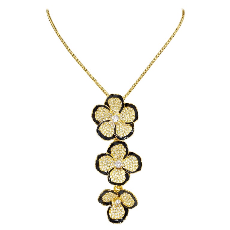 Kenneth Jay Lane Gold Multi Flower Pave Crystal Pendant Necklace, Black Enamel For Sale
