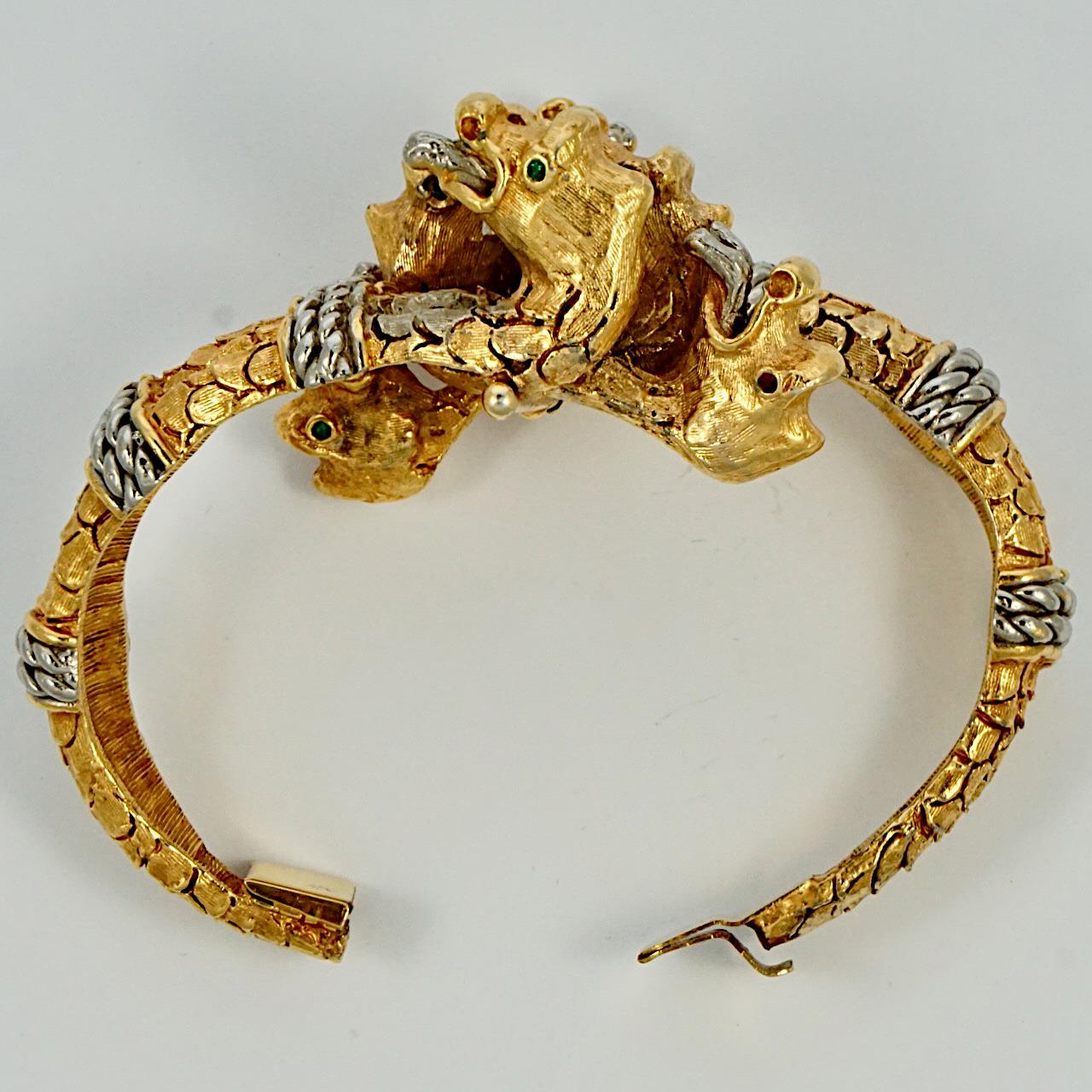 Women's or Men's Kenneth Jay Lane Gold Plated and Silver Plated Dragon Bracelet circa 1960s