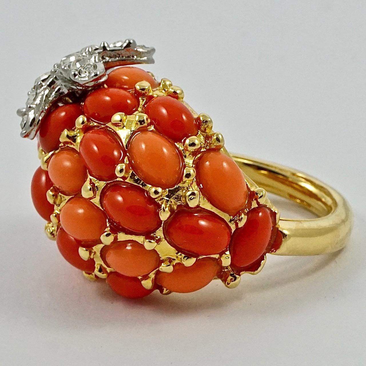 Kenneth Jay Lane Gold Plated Faux Coral Crystal Starfish Bombé Cocktail Ring In Good Condition In London, GB