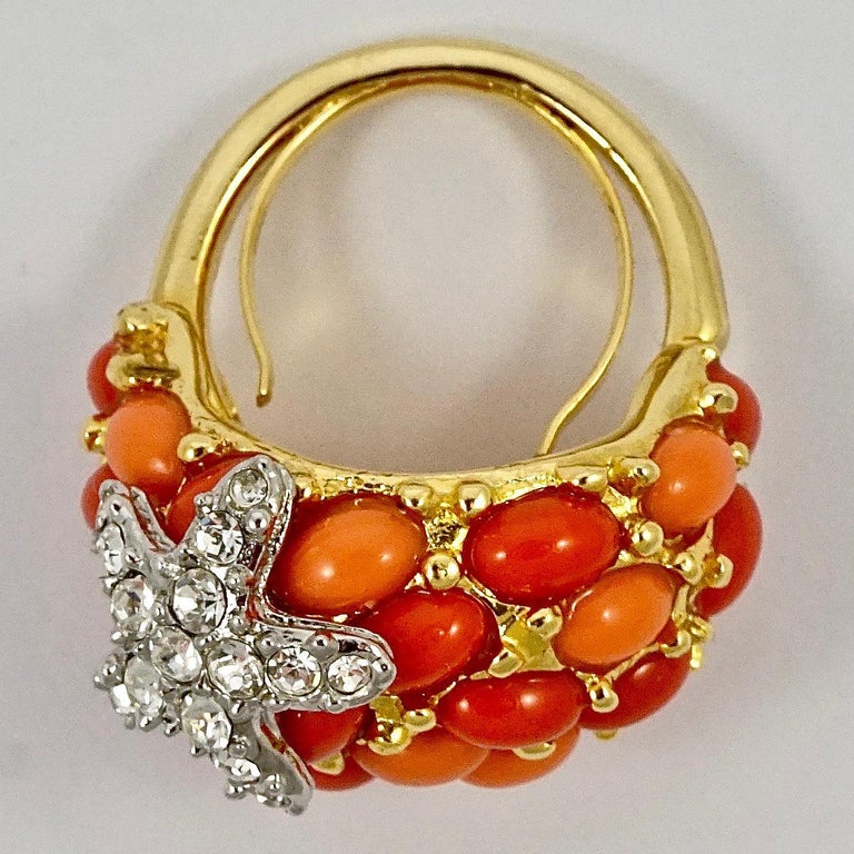 Kenneth Jay Lane Gold Plated Faux Coral Crystal Starfish  display picture 3