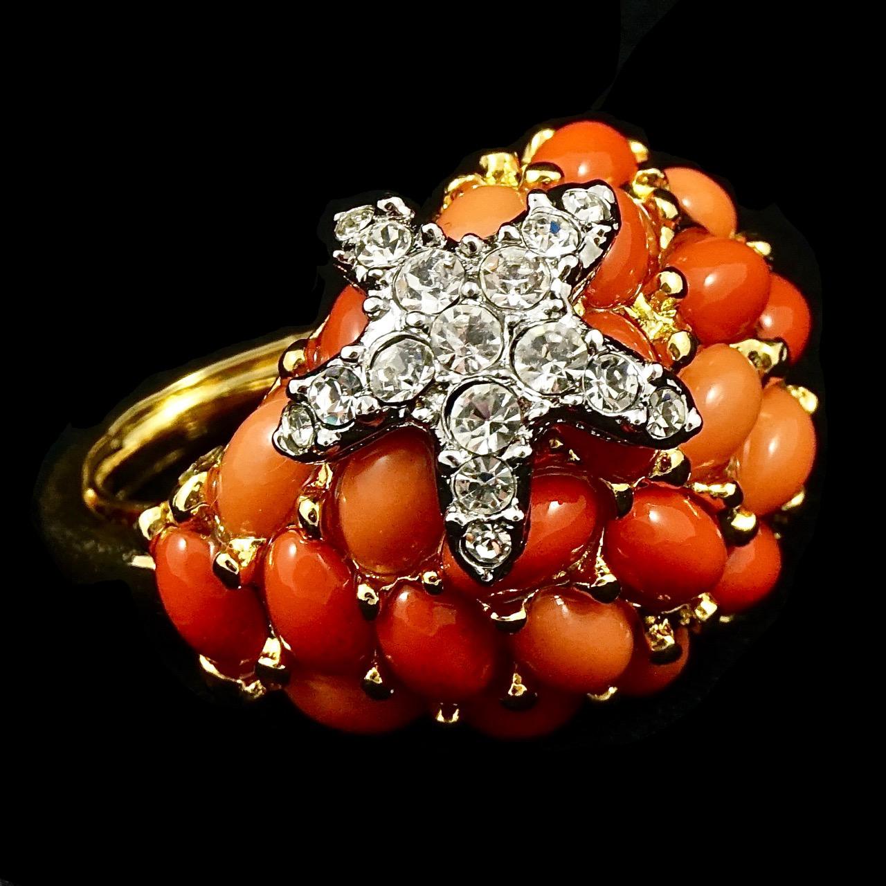 Kenneth Jay Lane Gold Plated Faux Coral Crystal Starfish Bombé Cocktail Ring 2