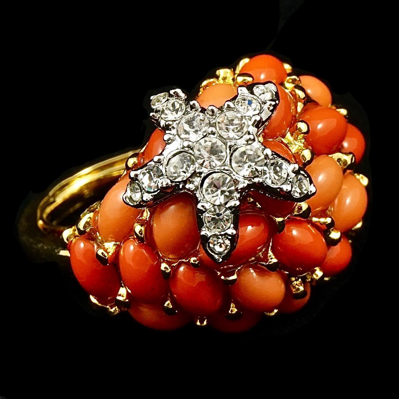 Kenneth Jay Lane Gold Plated Faux Coral Crystal Starfish Bombé Cocktail Ring  2