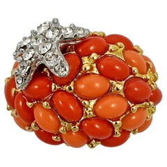 Kenneth Jay Lane Gold Plated Faux Coral Crystal Starfish Bombé Cocktail Ring 