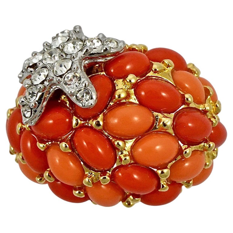 Kenneth Jay Lane Gold Plated Faux Coral Crystal Starfish  display picture 2