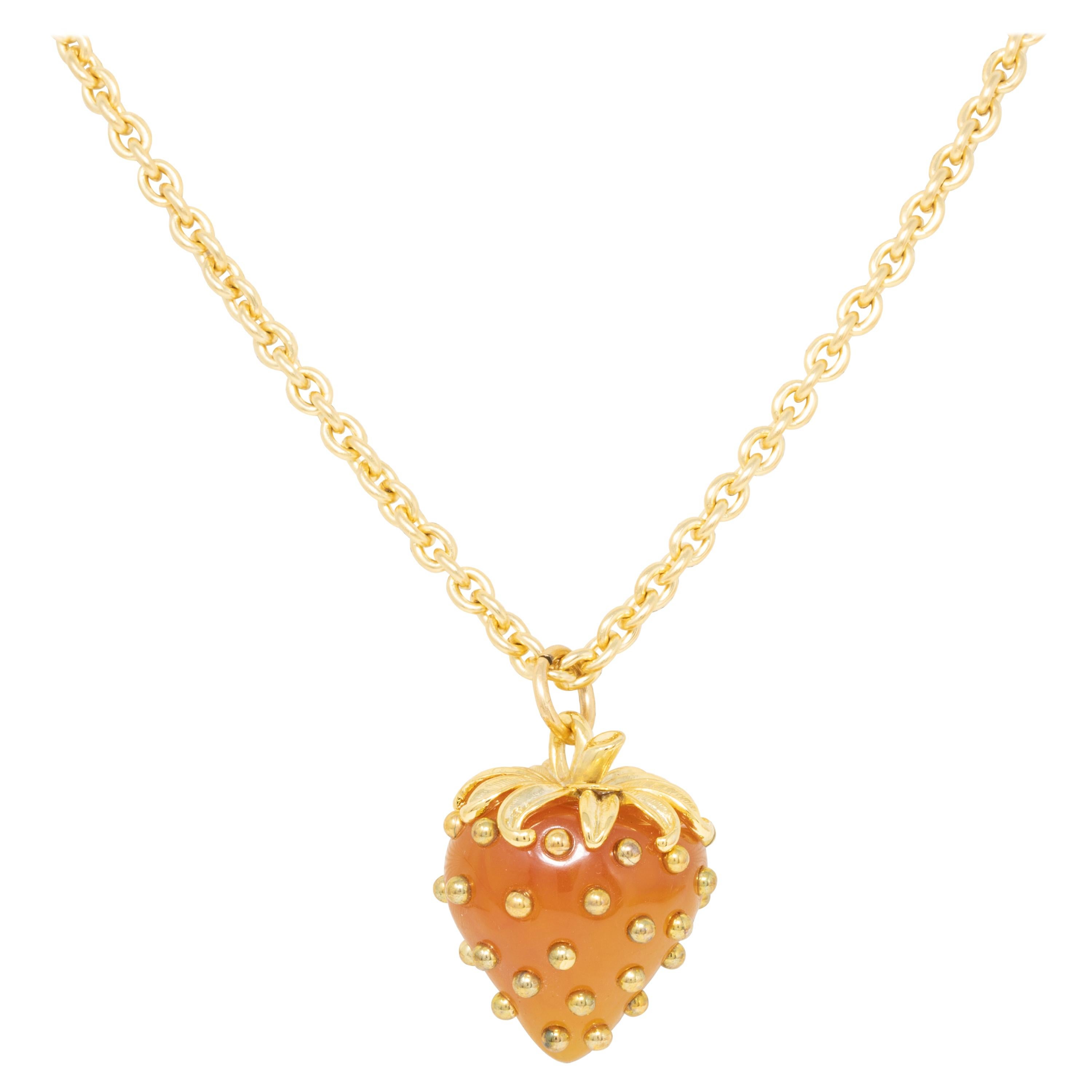 Kenneth Jay Lane Gold Studded Strawberry Pendant Long Necklace, Contemporary