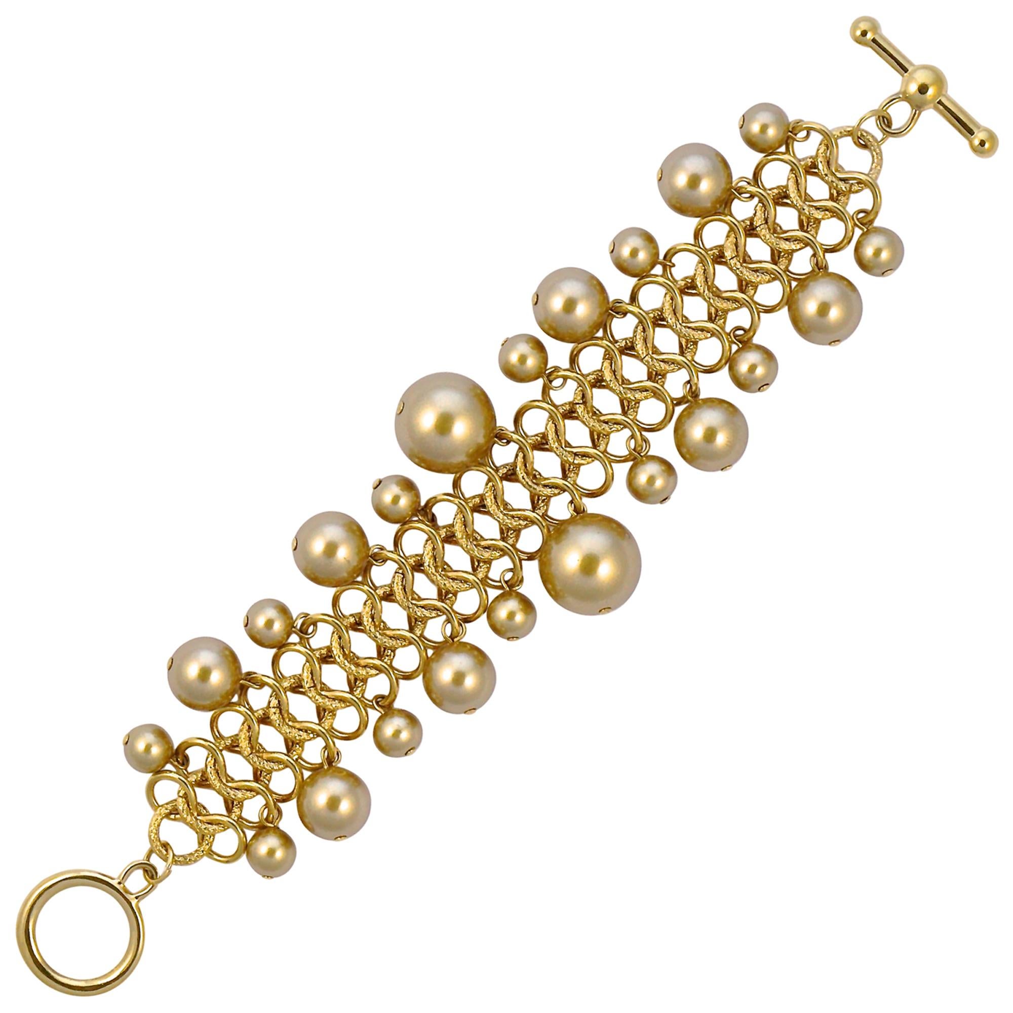 Kenneth Jay Lane Gold Tone Link Chain Bracelet with Golden Ball Beads 1990s