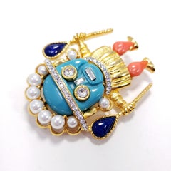 Kenneth Jay Lane Gold Zulu Warrior Pin Brooch, Coral and Turquoise Cabochons