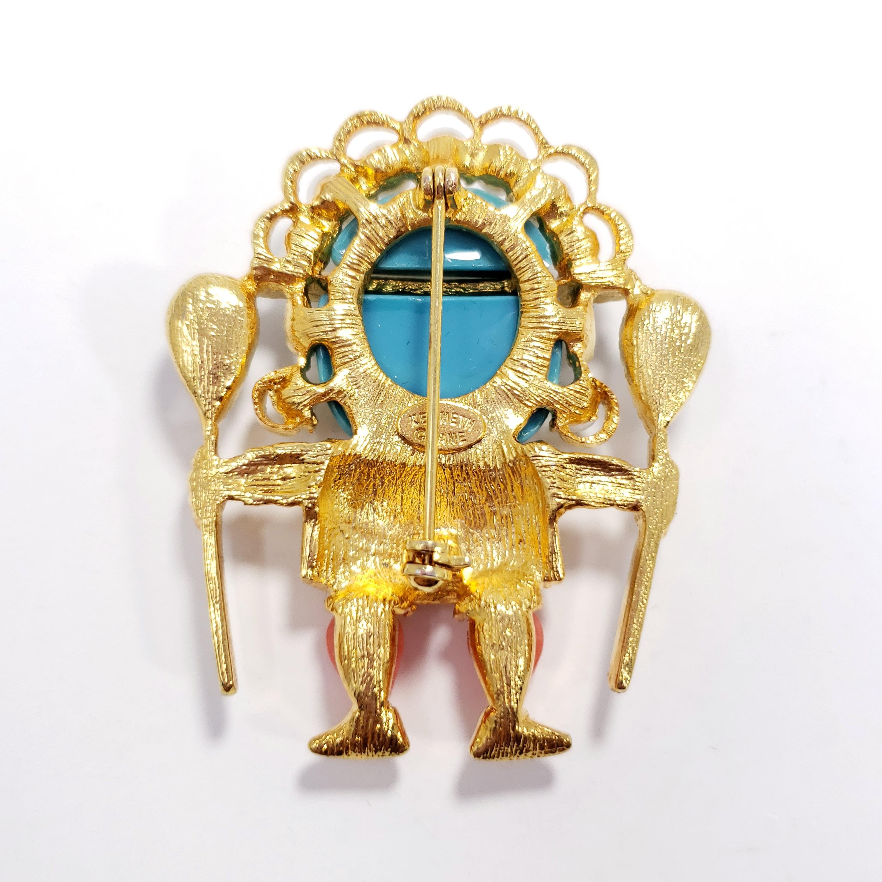 Retro Kenneth Jay Lane Gold Zulu Warrior Pin Brooch, Coral and Turquoise Cabochons