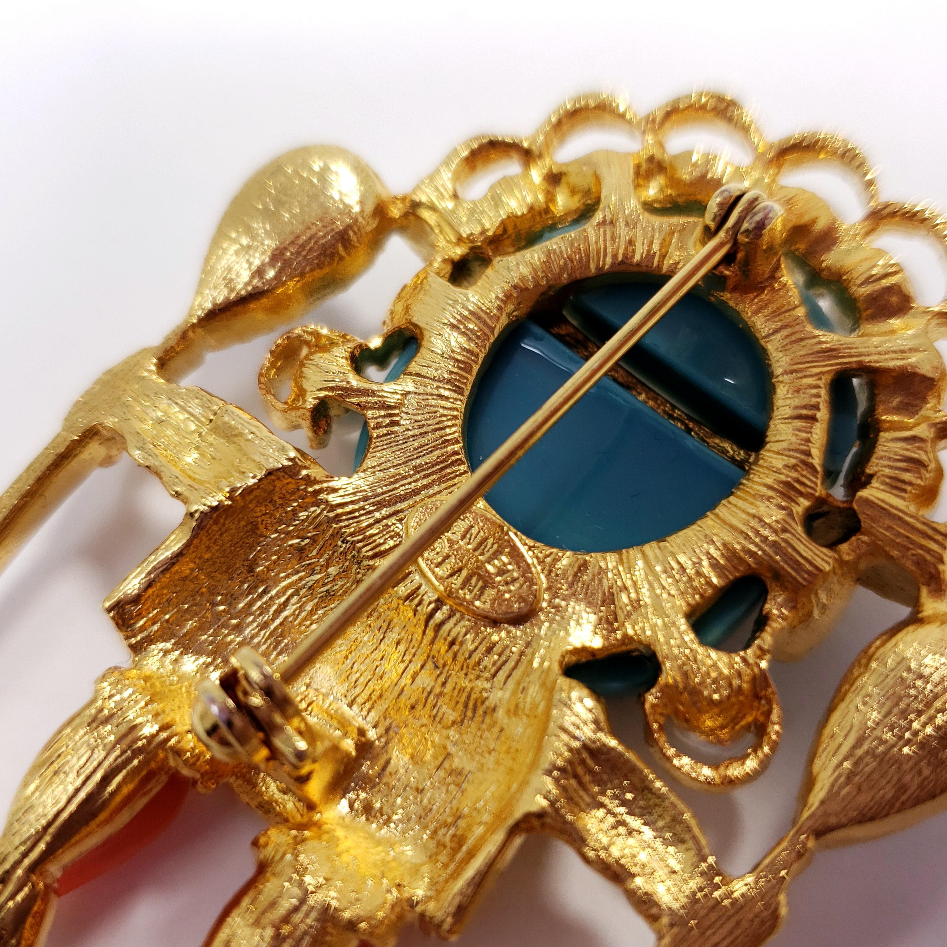 Kenneth Jay Lane Gold Zulu Warrior Pin Brooch, Coral and Turquoise Cabochons In New Condition In Milford, DE