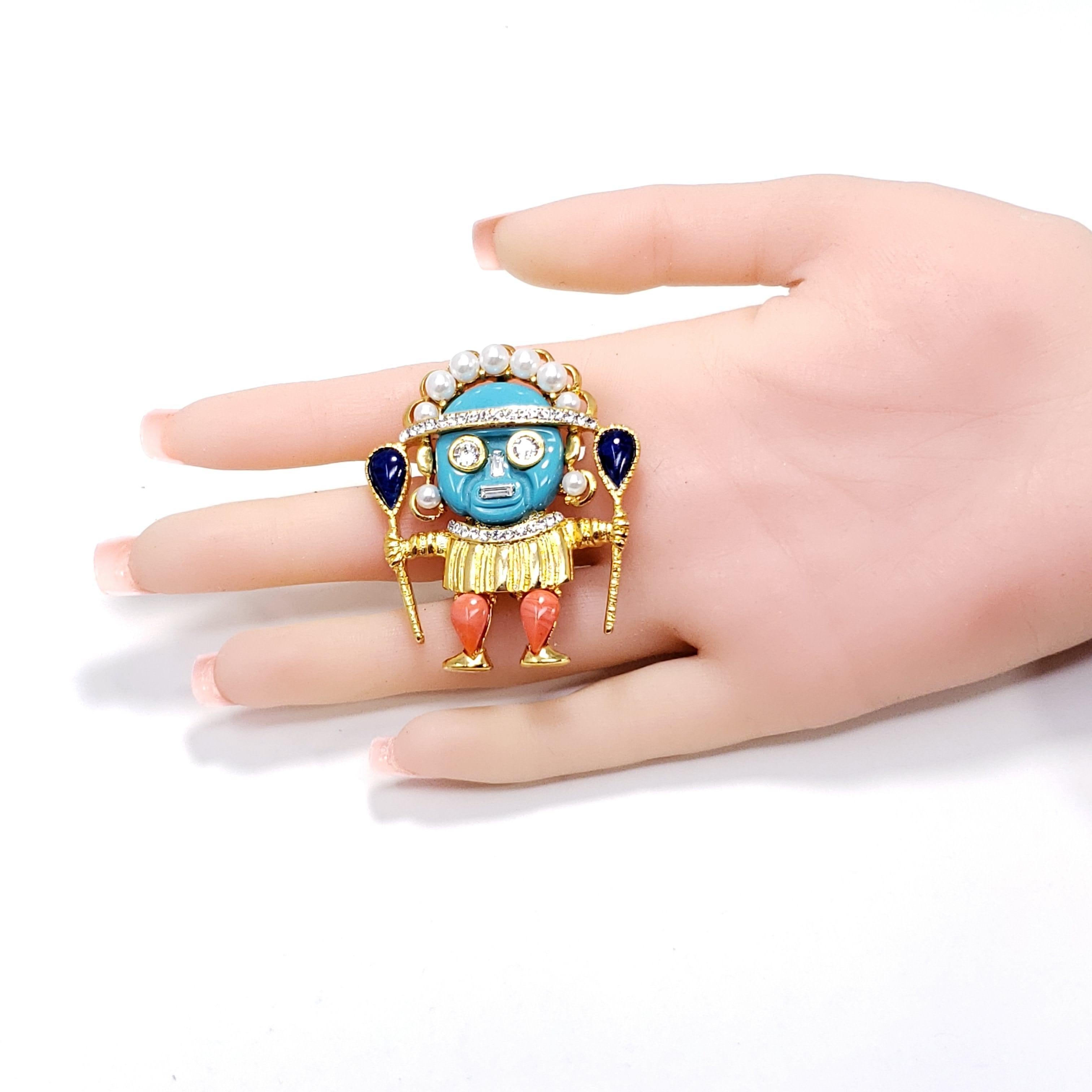 Women's or Men's Kenneth Jay Lane Gold Zulu Warrior Pin Brooch, Coral and Turquoise Cabochons