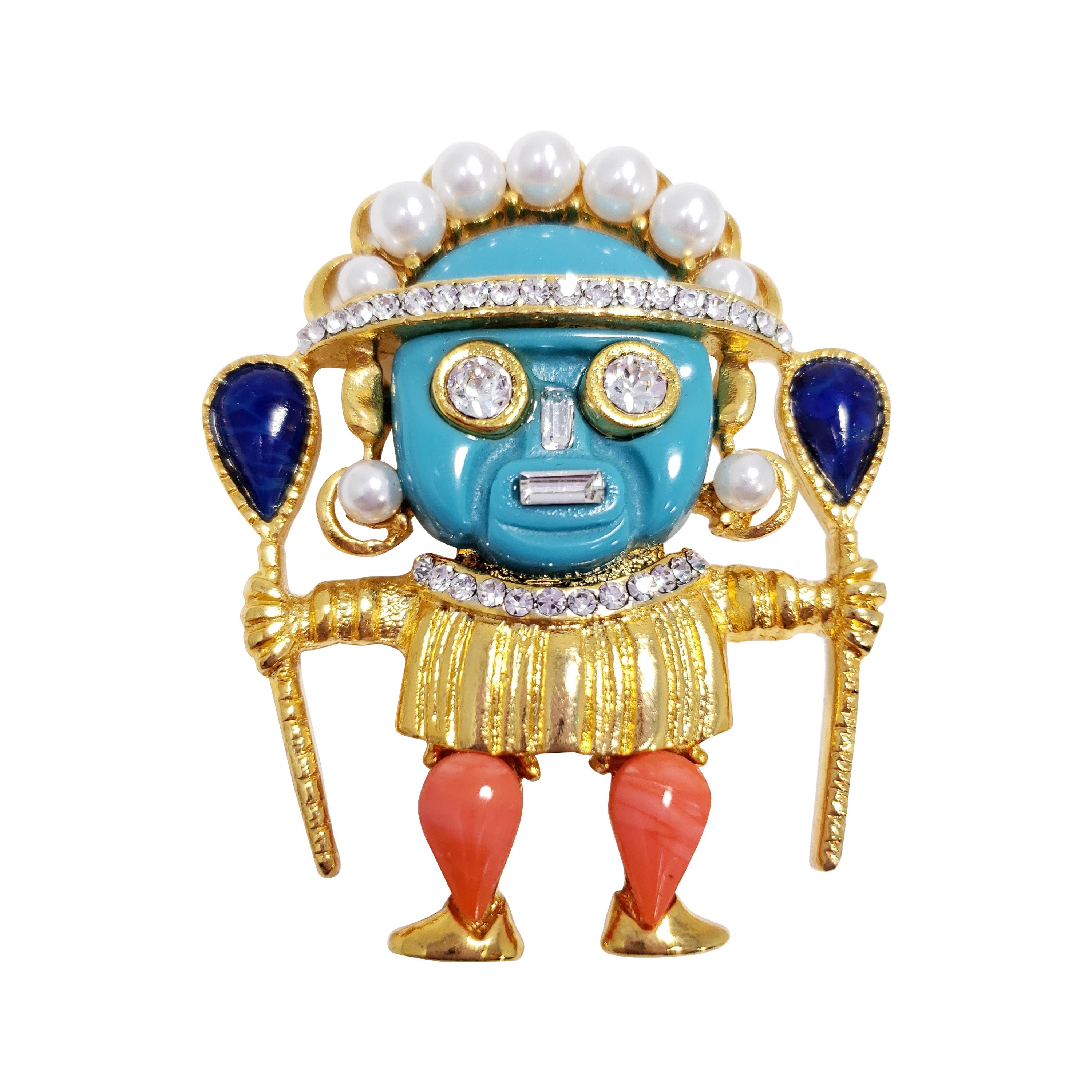 Kenneth Jay Lane Gold Zulu Warrior Pin Brooch, Coral and Turquoise Cabochons