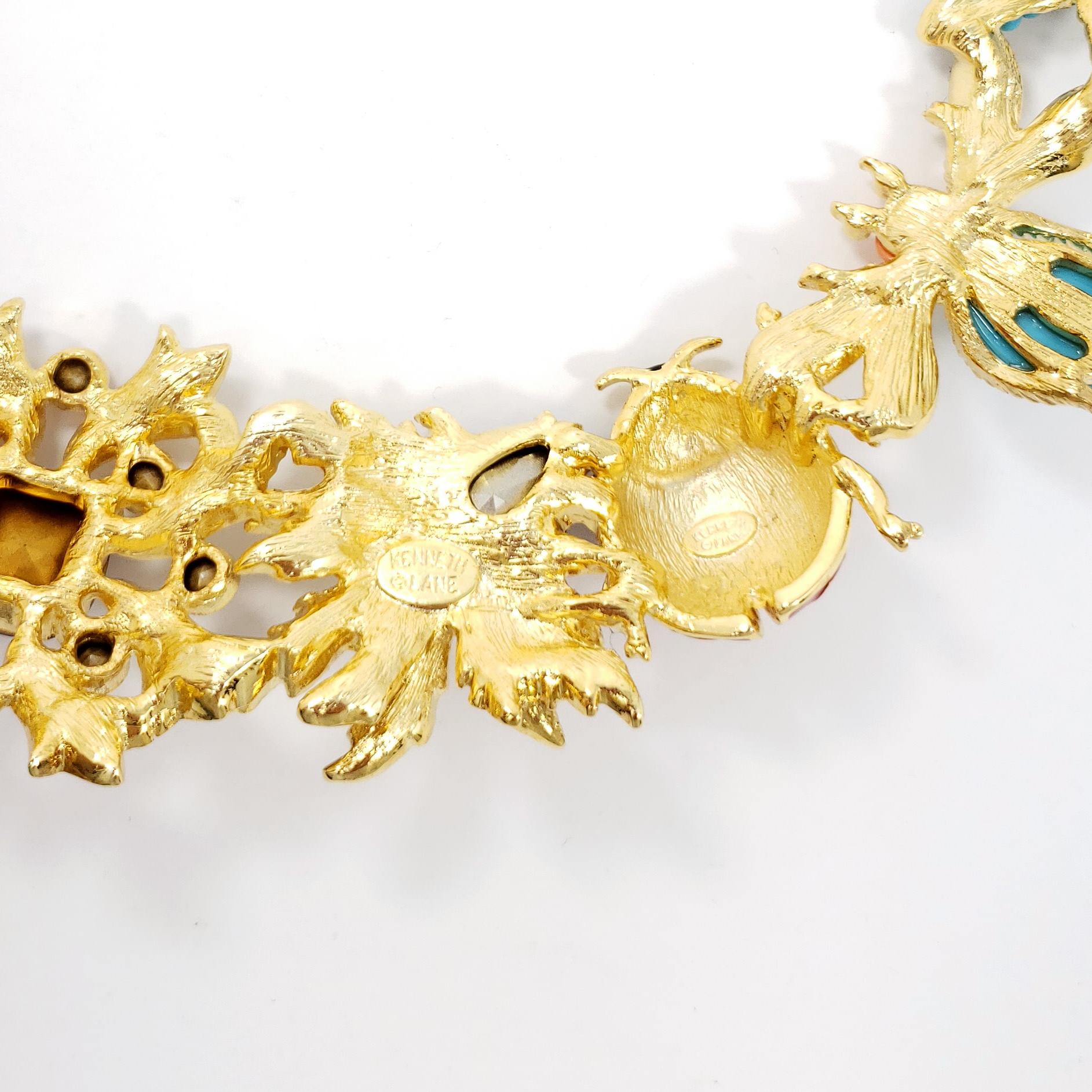 Contemporary Kenneth Jay Lane Golden Kaleidoscope Collar Necklace, Enamel and Crystal Motifs For Sale