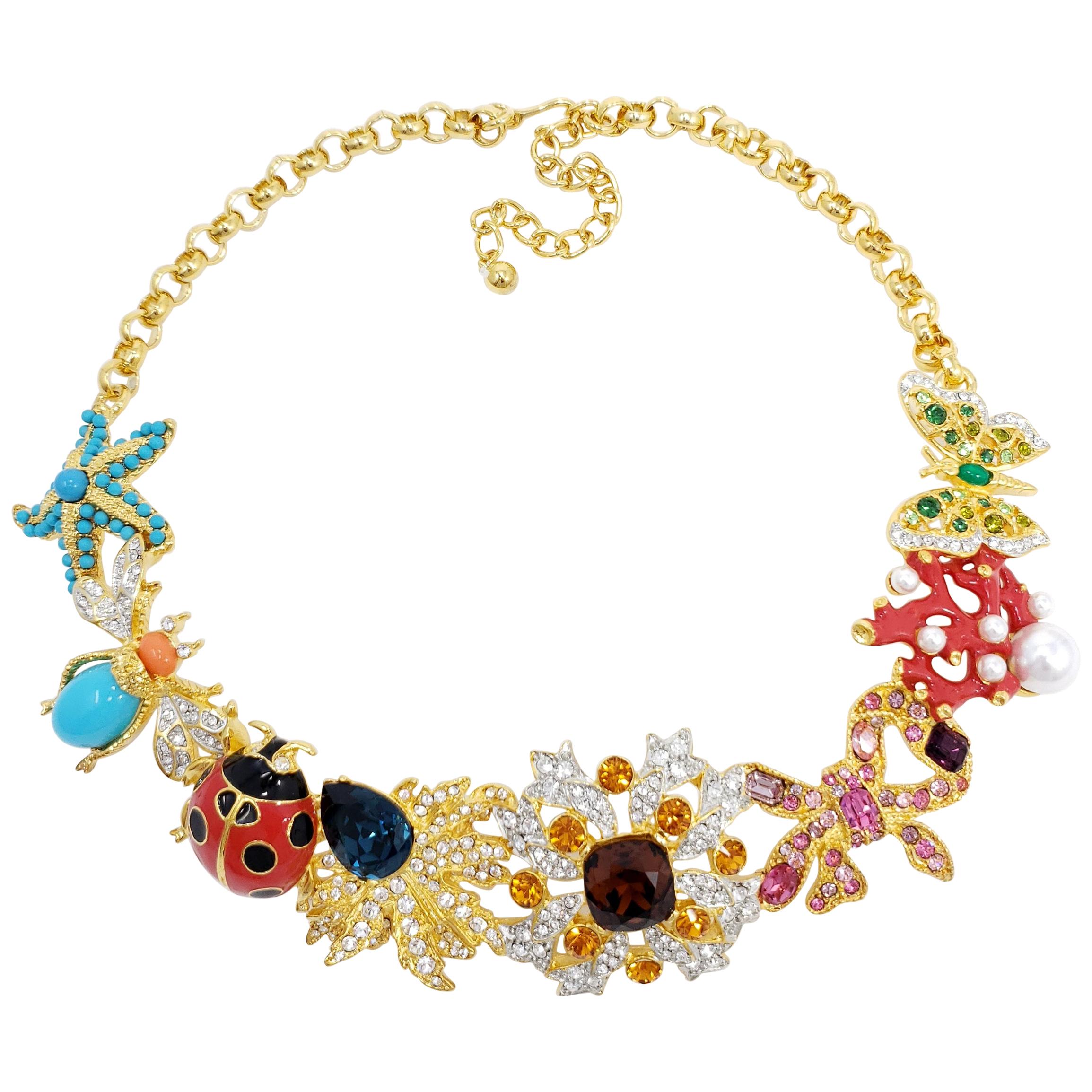 Kenneth Jay Lane Golden Kaleidoscope Collar Necklace, Enamel and Crystal Motifs For Sale