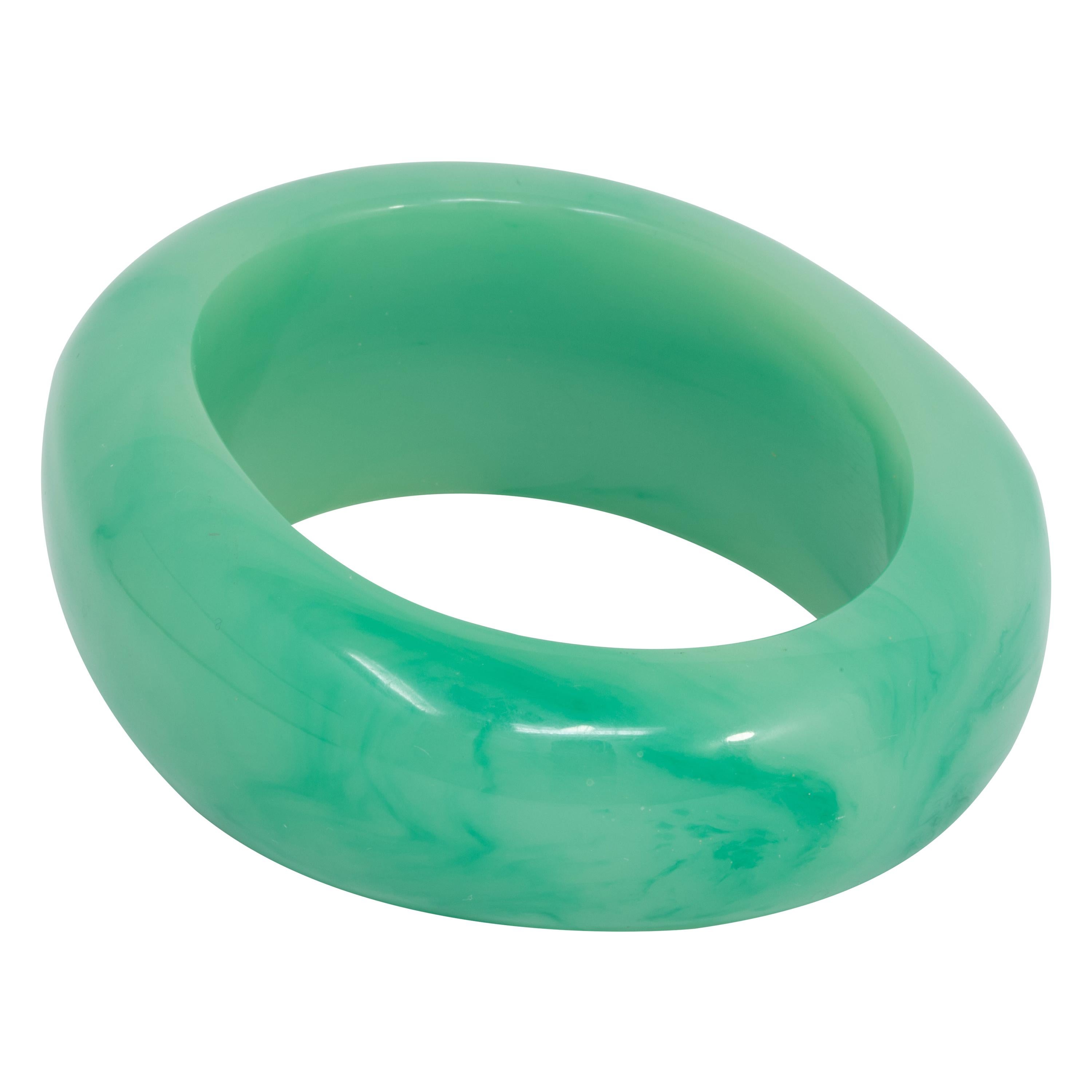 Kenneth Jay Lane Green Jade Chunky Deco Bangle Bracelet For Sale