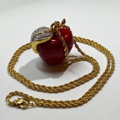 Kenneth Jay Lane Huge "Red Apple" With Rhinestones Pendant & Necklace