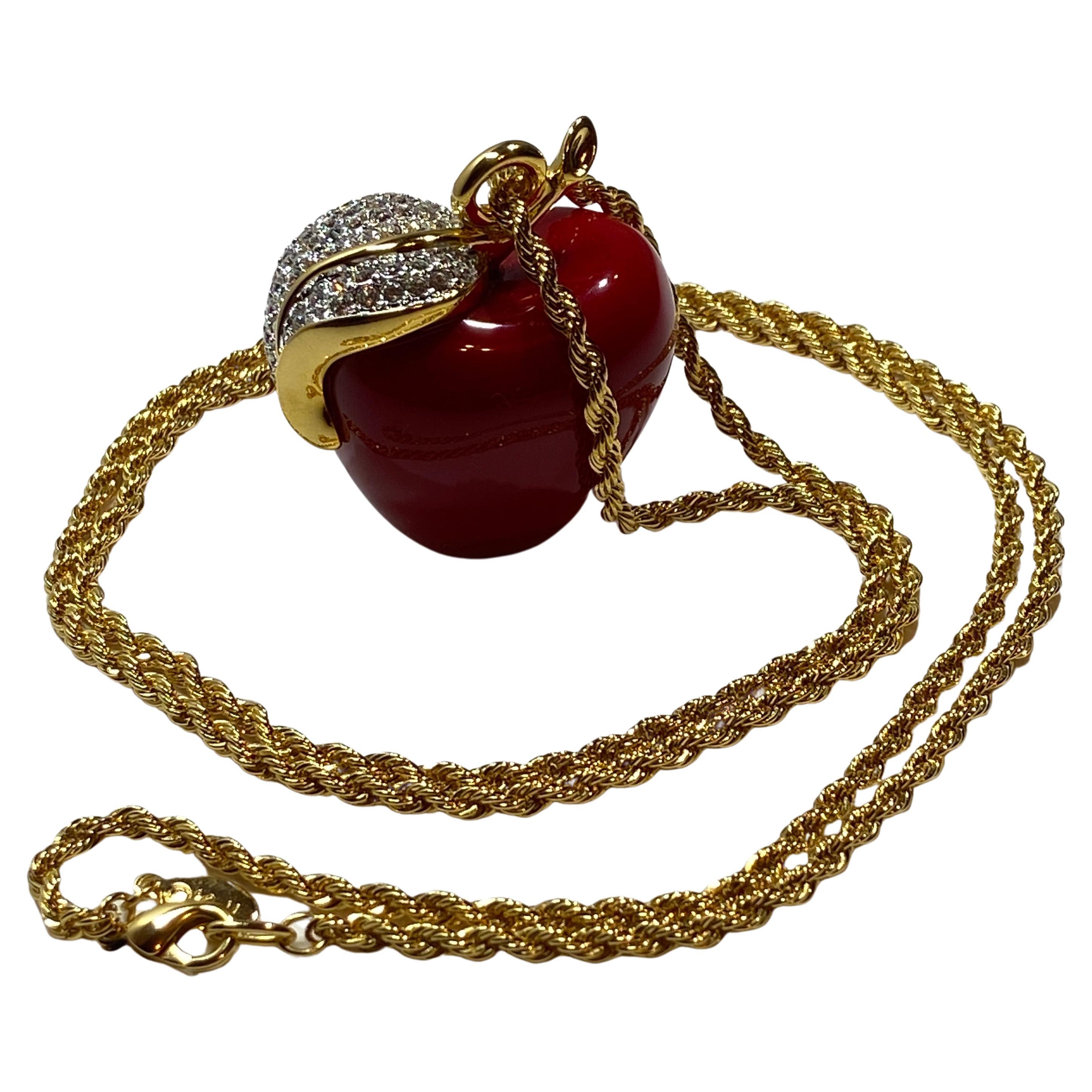 Kenneth Jay Lane Huge "Red Apple" With Rhinestones Pendant & Necklace For Sale