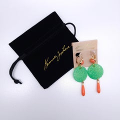 Kenneth Jay Lane Jade Coral Drop Wire Earrings in Gold, Orange & Green, Couture