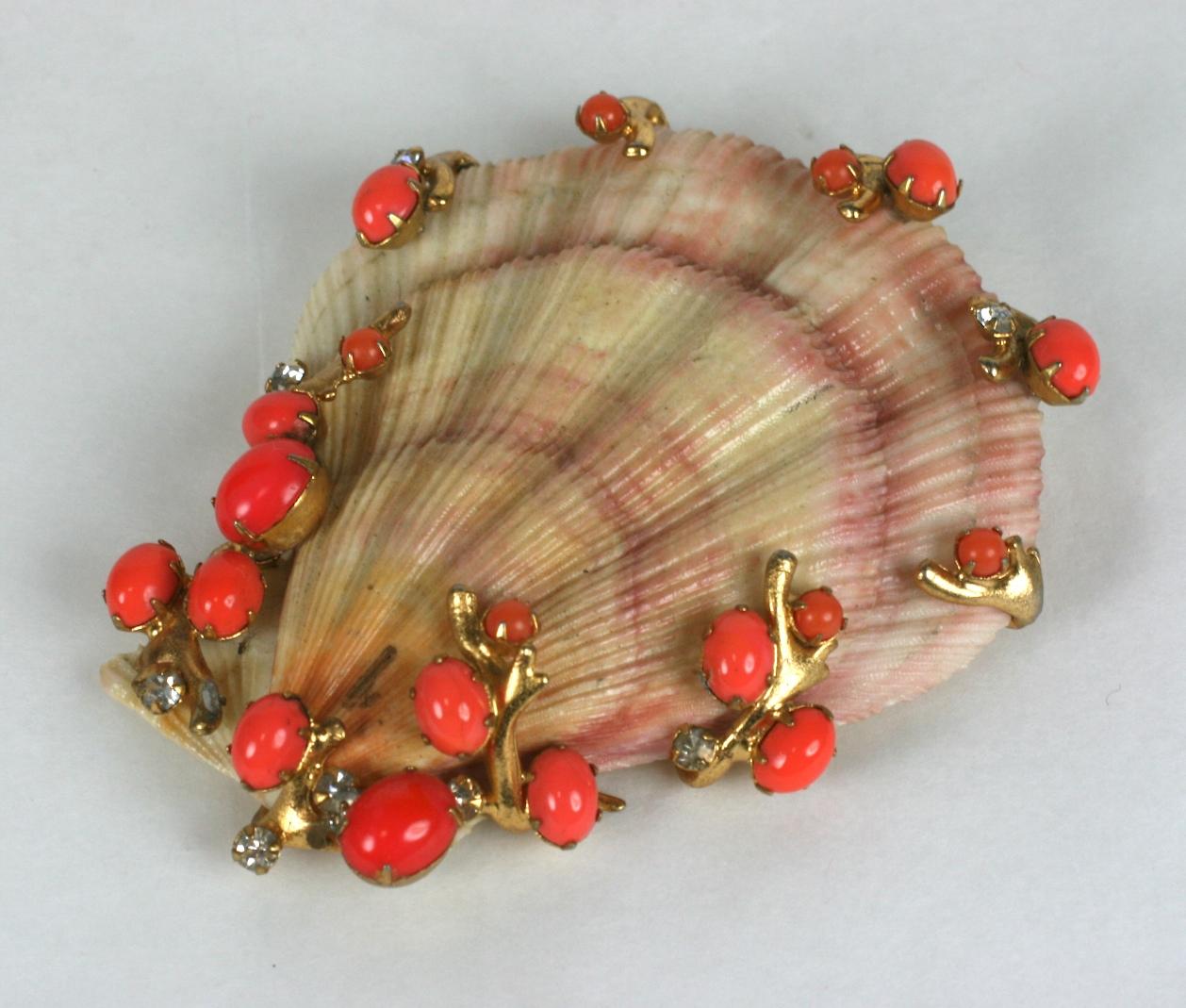 Large and rare Kenneth Jay Lane Jeweled Shell Brooch from the 1960's in the Verdura style.  Although unsigned, he was known for making these prototype pieces before later casting them for making mass production runs. 
Striking contrast of tones of