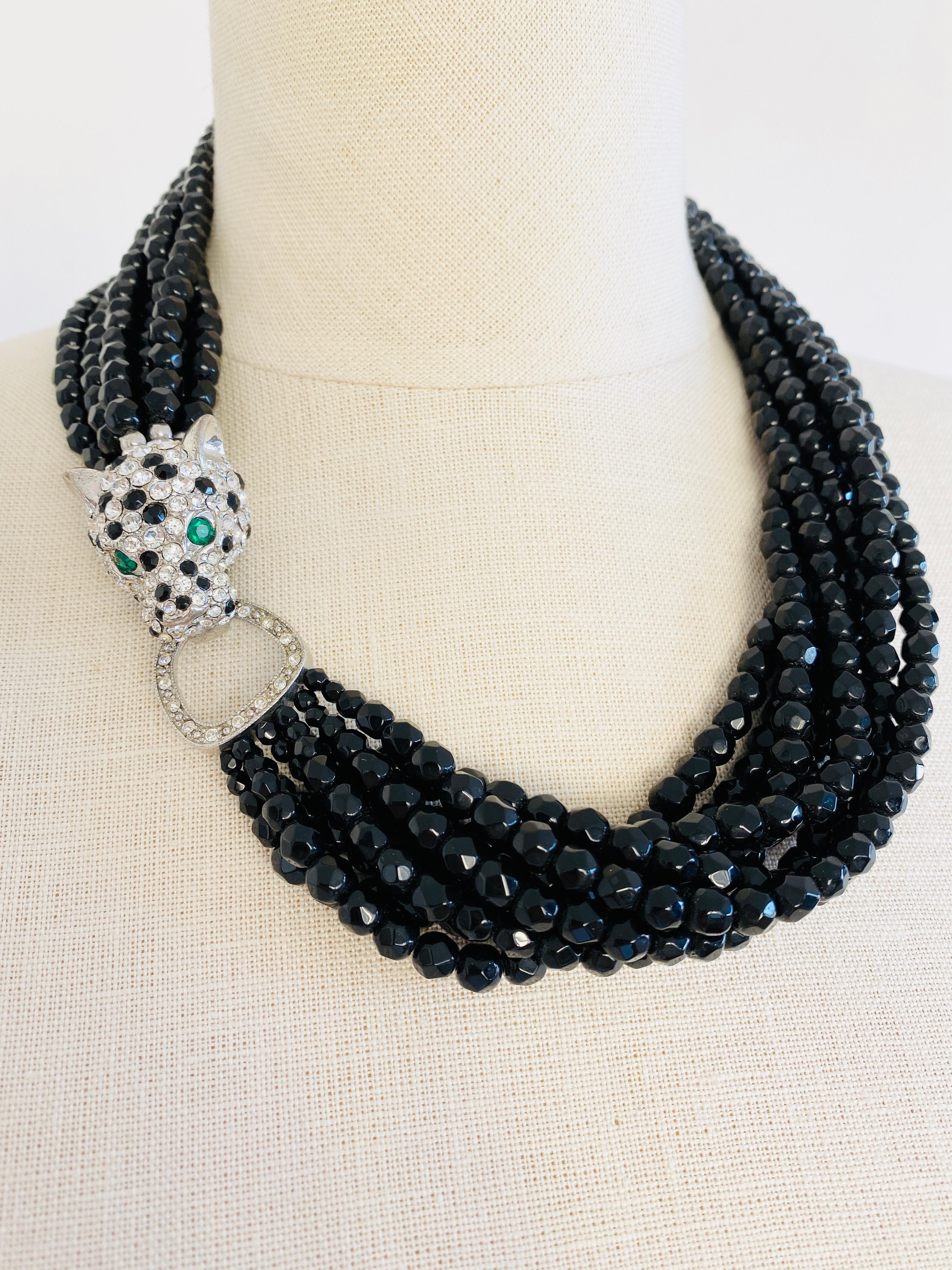 Kenneth Jay Lane KJL Black Beaded Panther Cat Choker Necklace In Good Condition In Sausalito, CA