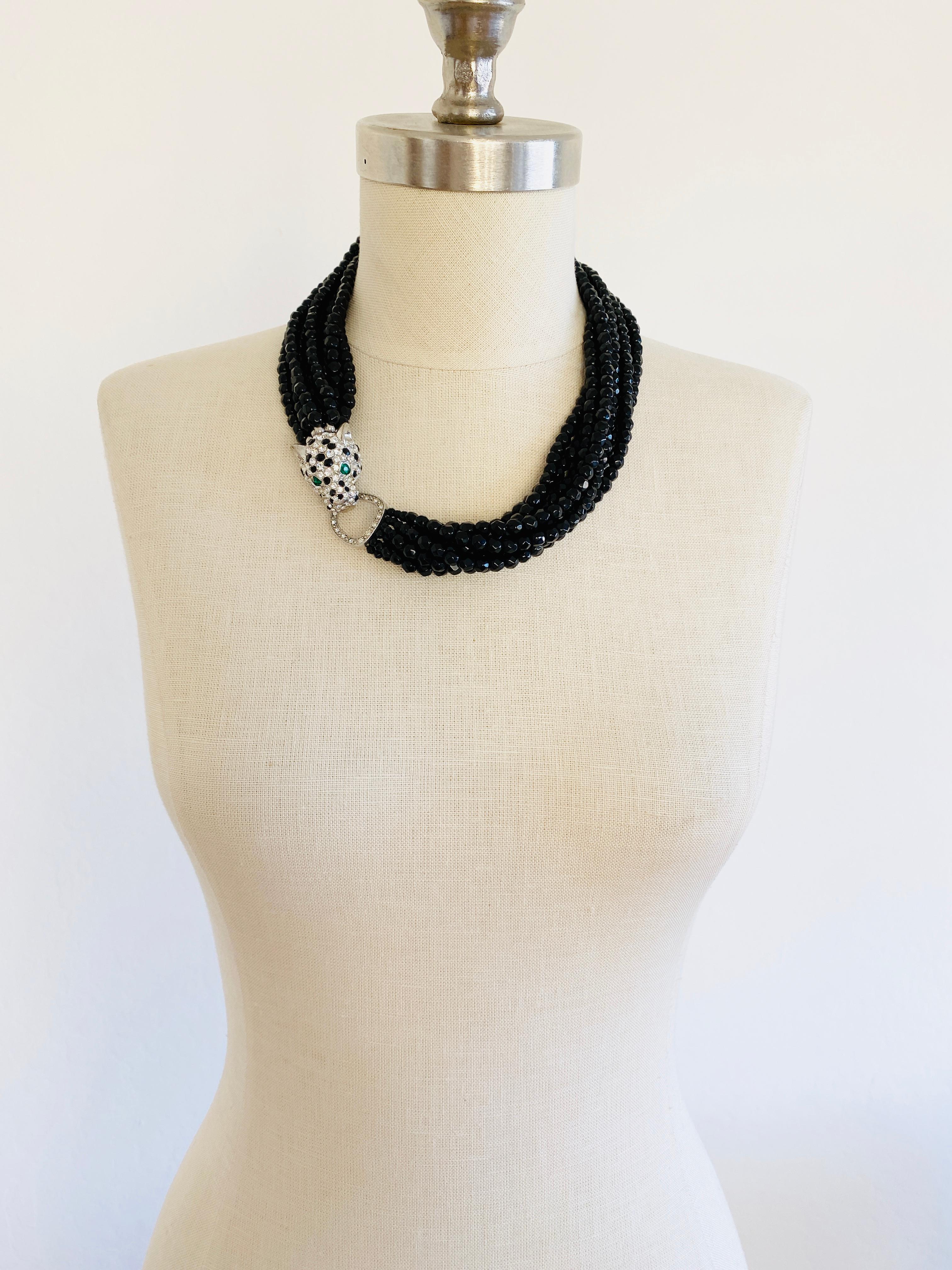 Kenneth Jay Lane KJL Black Beaded Panther Cat Choker Necklace 1