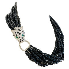 Kenneth Jay Lane KJL Black Beaded Panther Cat Choker Necklace