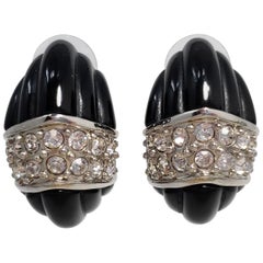 Kenneth Jay Lane KJL Black Carved Earring with Clear Crystals, Post Backs