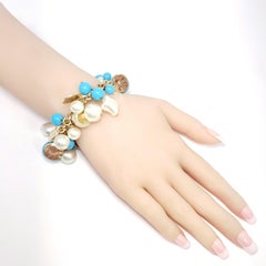 Kenneth Jay Lane KJL Charm Cluster Turquoise and Faux Pearl Bead Gold Bracelet