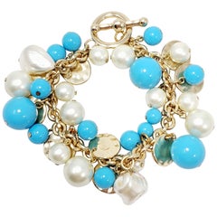 Kenneth Jay Lane KJL Charm Cluster Turquoise and Faux Pearl Bead Gold Bracelet