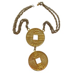 Kenneth Jay Lane KJL Chinese Modern Faux Double Coin Disc Necklace 1970s