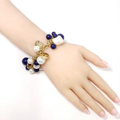 Kenneth Jay Lane KJL Cluster Faux Lapis Lazuli and Pearl Bead Gold Bracelet