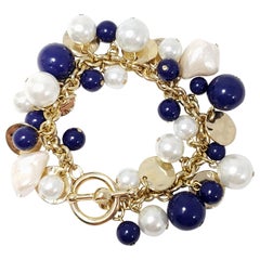 Kenneth Jay Lane KJL Cluster Faux Lapis Lazuli and Pearl Bead Gold Bracelet