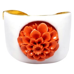 Kenneth Jay Lane KJL Coral Dahlia Flower Cuff Bracelet, Gold in White Enamel