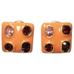 Kenneth Jay Lane KJL Coral Enamel Bezel Ruby Crystal Square Clip on Earrings