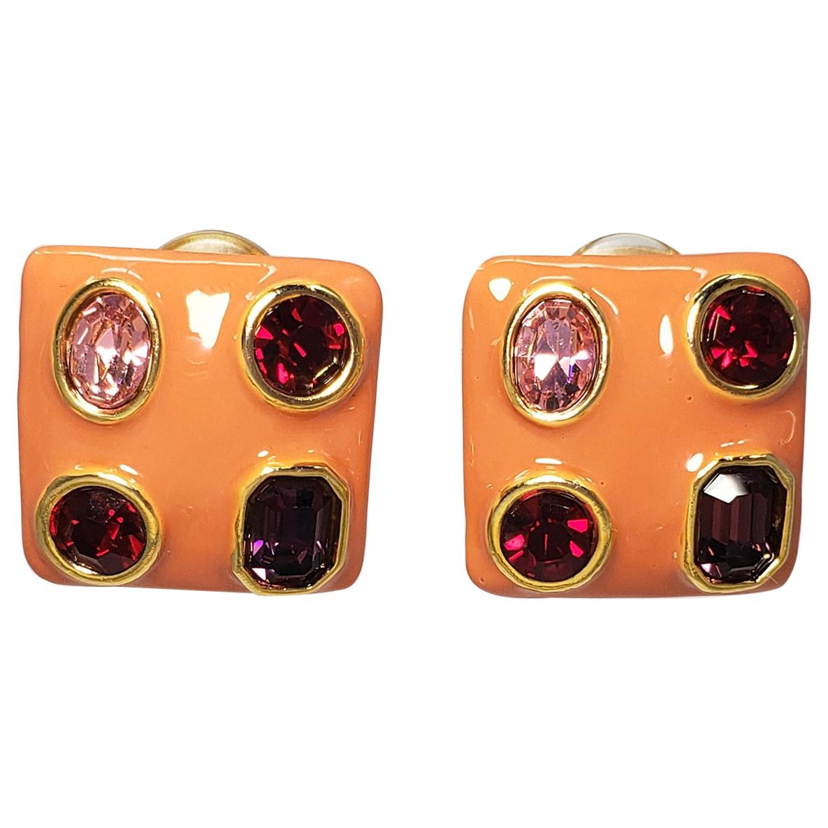 Kenneth Jay Lane KJL Coral Enamel Bezel Ruby Crystal Square Clip on Earrings For Sale