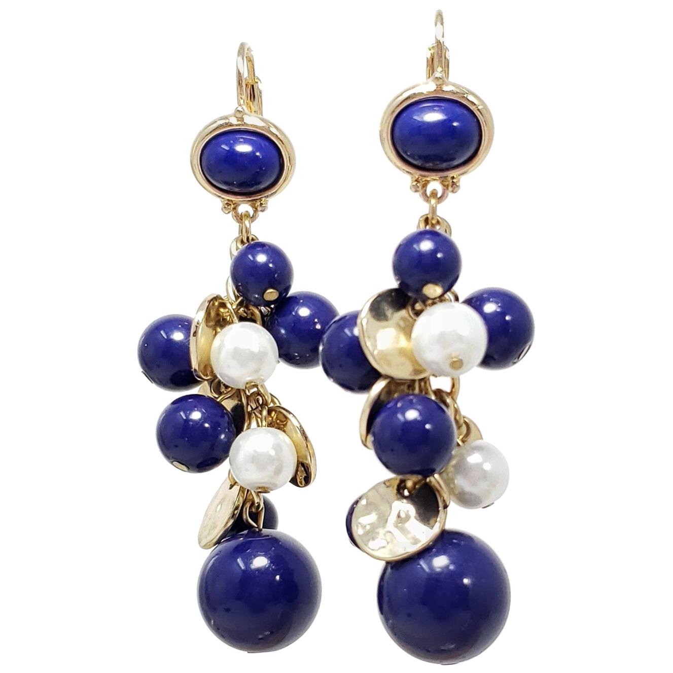 Kenneth Jay Lane KJL Dangling Cluster Faux Lapis Lazuli and Pearl Bead Earrings