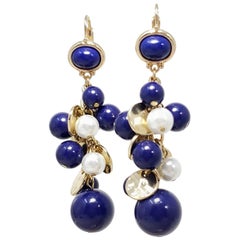 Antique Kenneth Jay Lane KJL Dangling Cluster Faux Lapis Lazuli and Pearl Bead Earrings