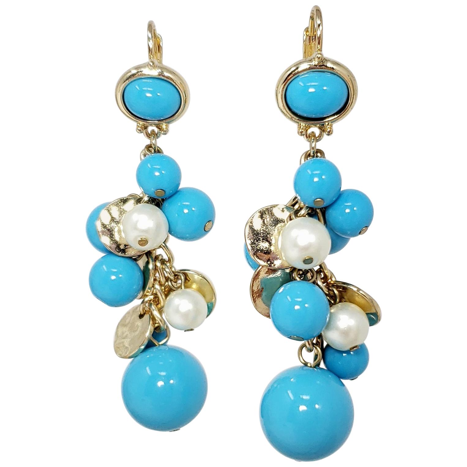 Kenneth Jay Lane KJL Dangling Cluster Turquoise and Faux Pearl Bead Earrings For Sale
