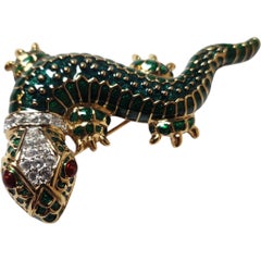 Kenneth Jay Lane (KJL) designer piece Green Enamel Lizard Brooch