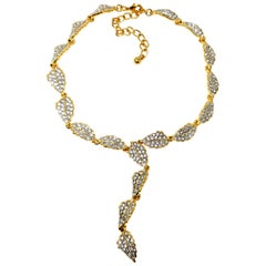 Kenneth Jay Lane KJL Embellished Pave Crystal Leaf Link Drop Necklace in Gold