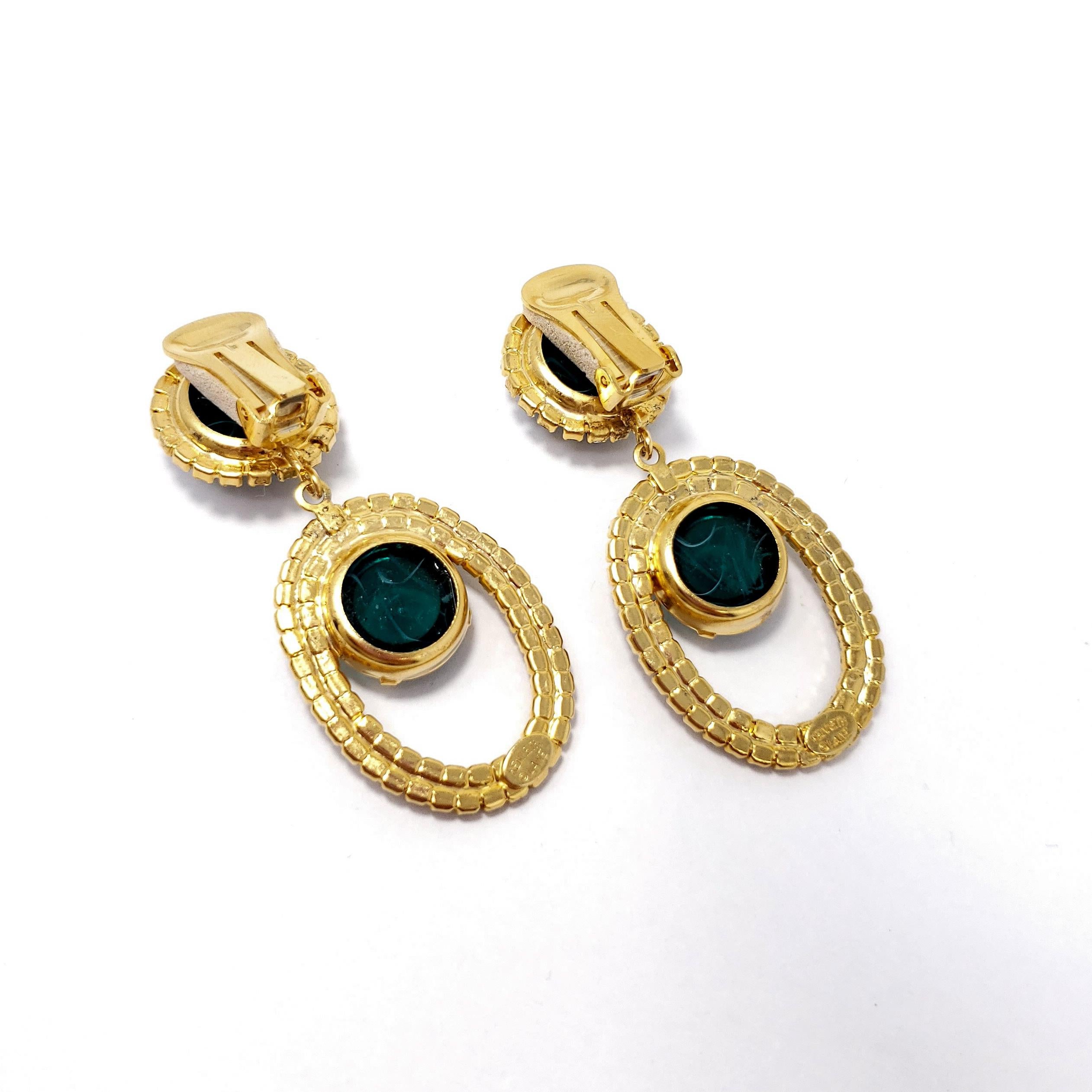 Women's or Men's Kenneth Jay Lane KJL Emerald Cabochon Clear Crystal Dangling Clip On Earrings