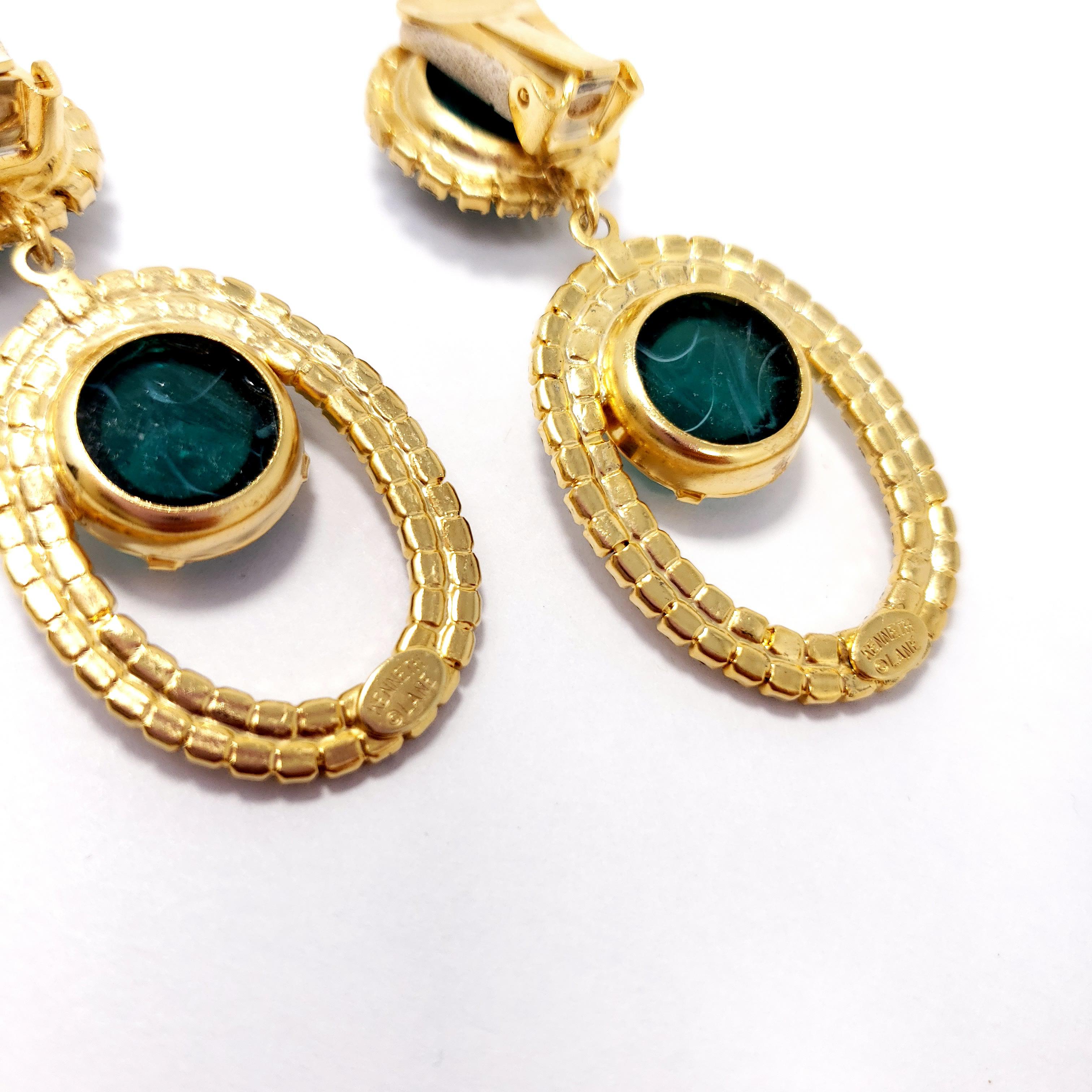 Kenneth Jay Lane KJL Emerald Cabochon Clear Crystal Dangling Clip On Earrings 2