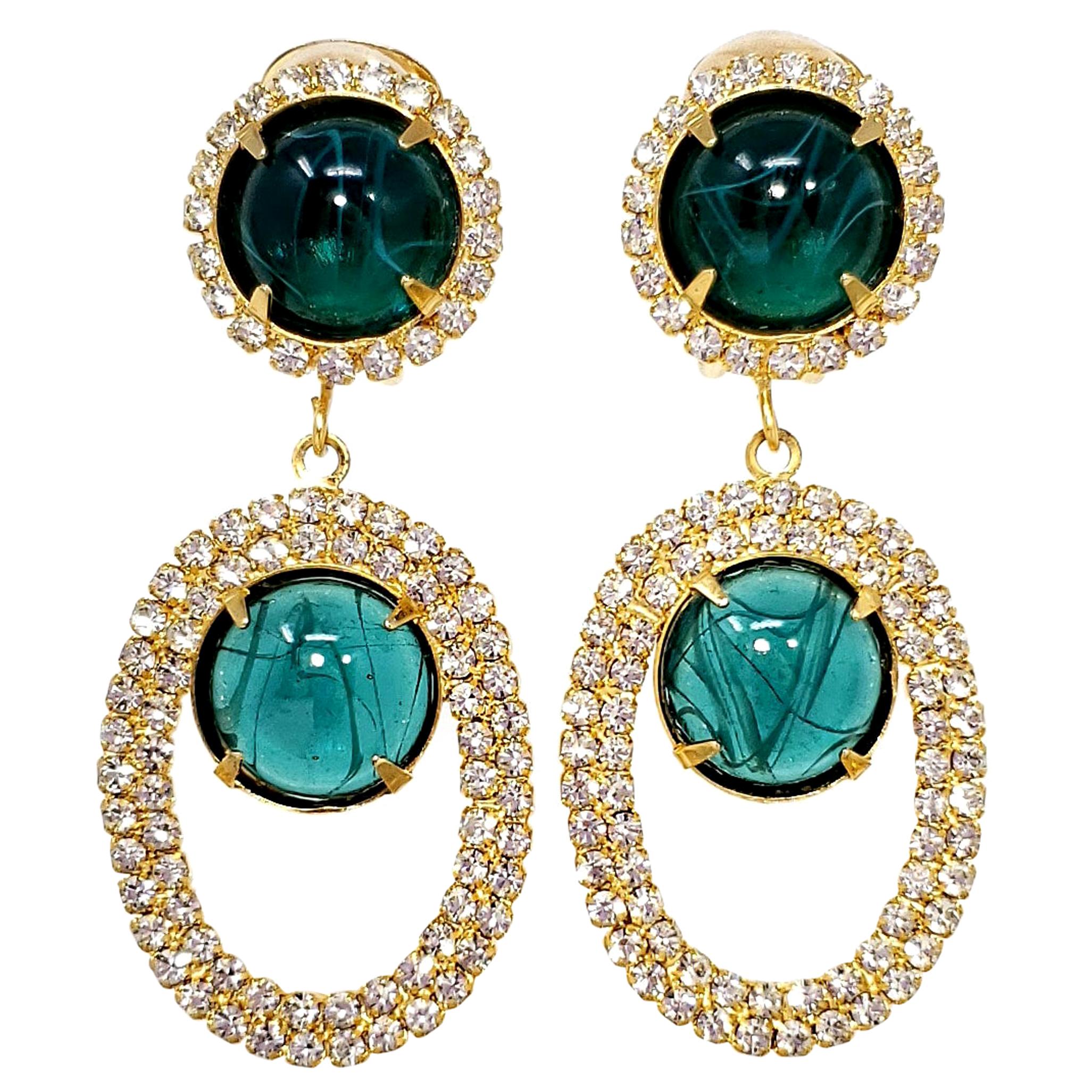 Kenneth Jay Lane KJL Emerald Cabochon Clear Crystal Dangling Clip On Earrings