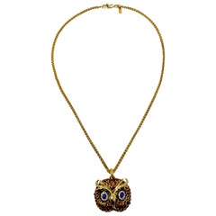 Kenneth Jay Lane KJL Enameled Metallic Embellished Owl Pendant Necklace in Gold